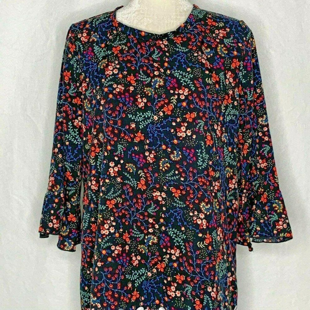 Celeste Shift Dress 2XL Black Floral 3/4 Bell Sleeves Crochet Lace Ruffle Hem